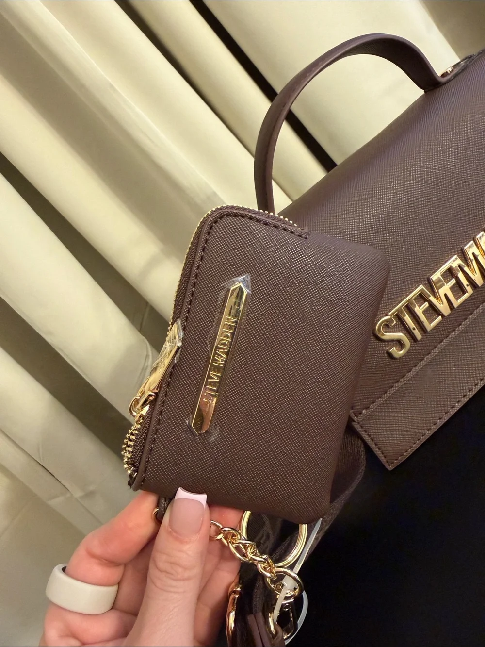 Steve Madden Brown Saffiano Top-Handle Satchel with Gold Logo